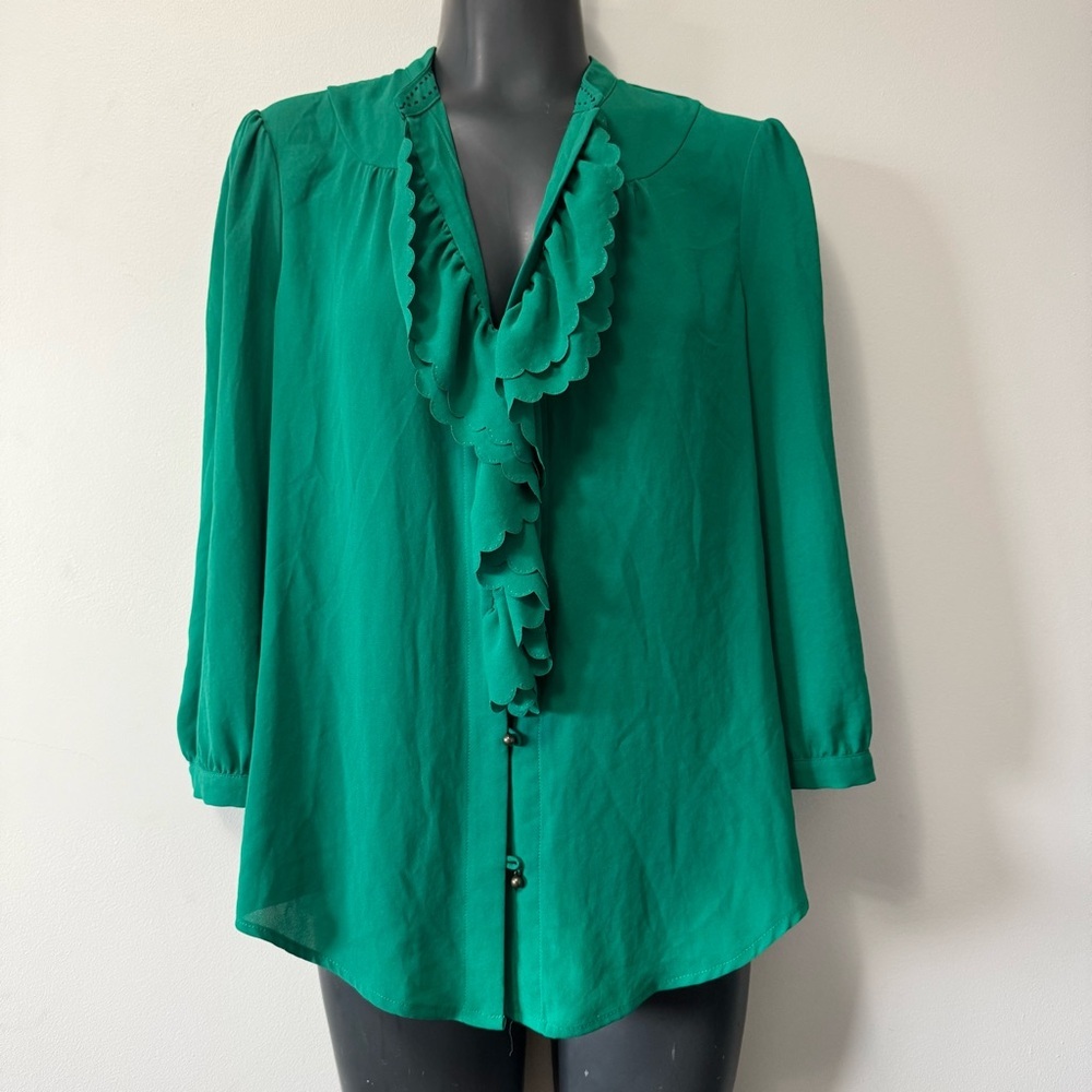 Anthropologie x HD in Paris Green Ruffled Blouse with Mandarin Collar Size 10